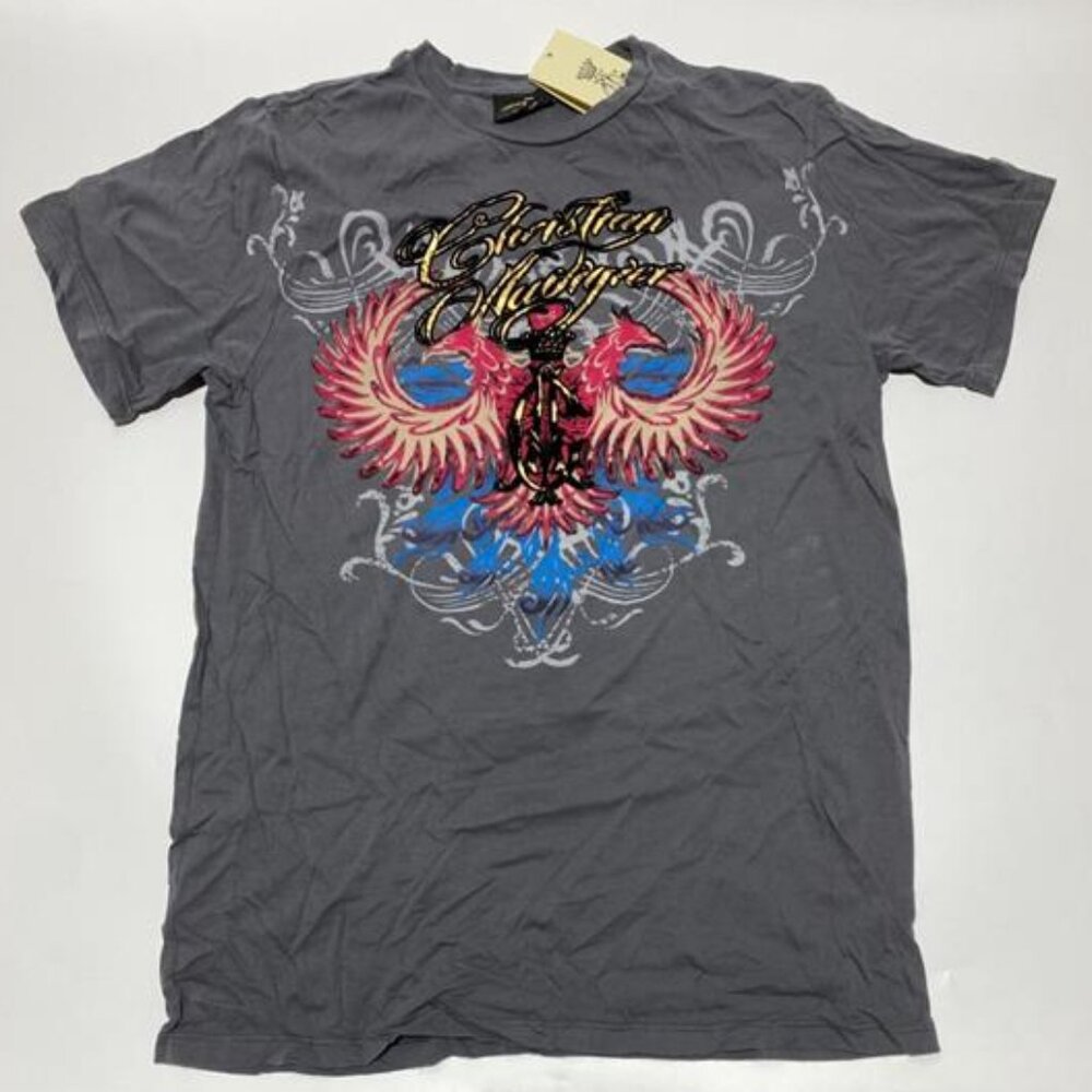 Y2K Authentic Christian Audigier Vintage Men's T-shirt Rising Phoenix Grey XL